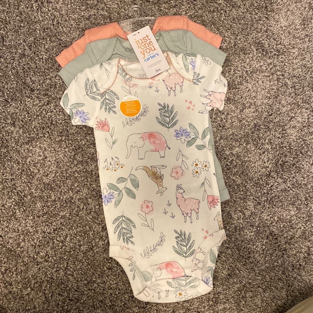 Brand new, never worn Carters three piece onsie set for three month old